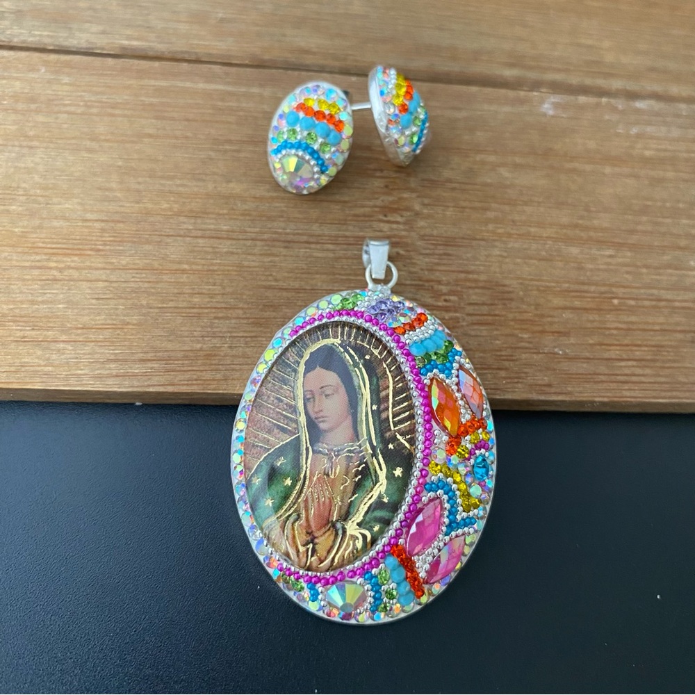Real 925 Sterling Silver Virgin Of Guadalupe Pendant and earrings Handmade - Picture 7 of 9